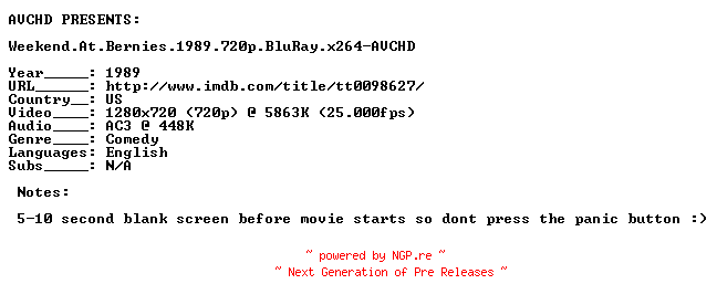 NFO for the release Weekend.At.Bernies.1989.720p.BluRay.x264-AVCHD by AVCHD