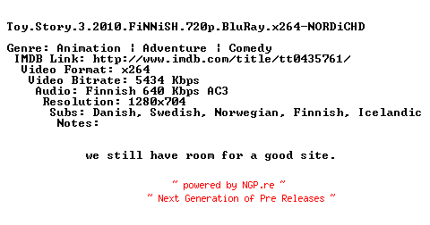 NFO for the release Toy.Story.3.2010.FiNNiSH.720p.BluRay.x264-NORDiCHD by NORDiCHD