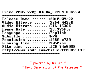 NFO for the release Prime.2005.720p.BluRay.x264-AVS720 by AVS720