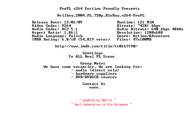 NFO for the release Hellboy.2004.PL.720p.BluRay.x264-ProPL by ProPL
