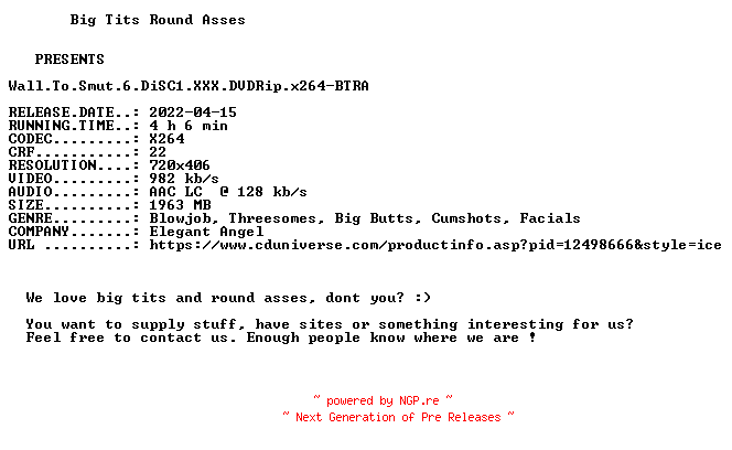 NFO for the release Wall.To.Smut.6.DiSC1.XXX.DVDRip.x264-BTRA by BTRA