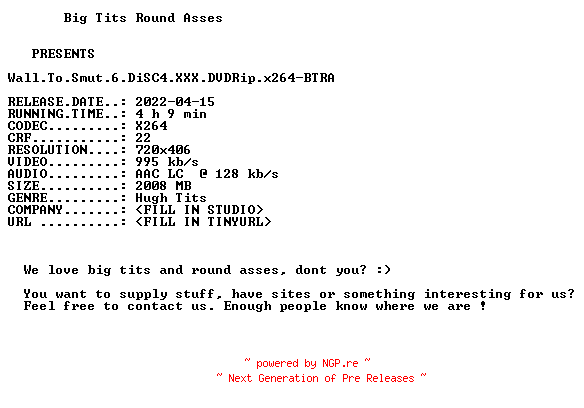 NFO for the release Wall.To.Smut.6.DiSC4.XXX.DVDRip.x264-BTRA by BTRA