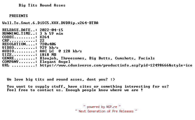NFO for the release Wall.To.Smut.6.DiSC5.XXX.DVDRip.x264-BTRA by BTRA