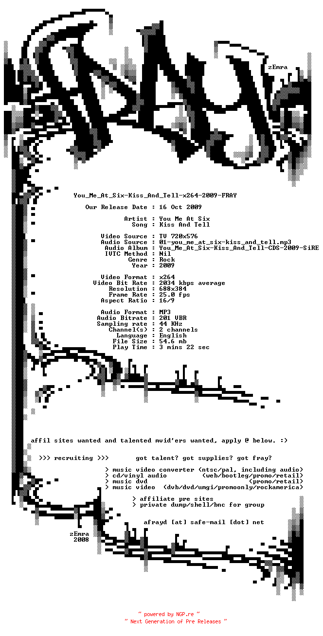 NFO for the release You_Me_At_Six-Kiss_And_Tell-x264-2009-FRAY by FRAY