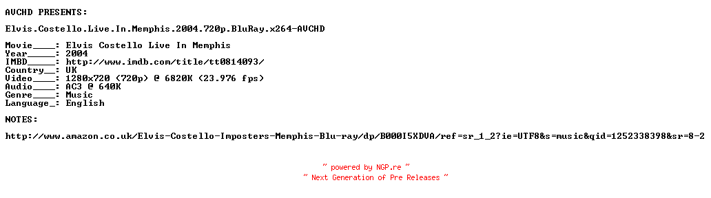 NFO for the release Elvis.Costello.Live.In.Memphis.2004.720p.BluRay.x264-AVCHD by AVCHD