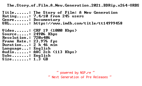 NFO for the release The.Story.of.Film.A.New.Generation.2021.BDRip.x264-ORBS by ORBS