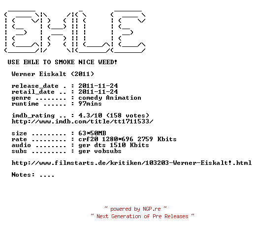 NFO for the release Werner.Eiskalt.German.720p.BluRay.x264-EHLE by EHLE