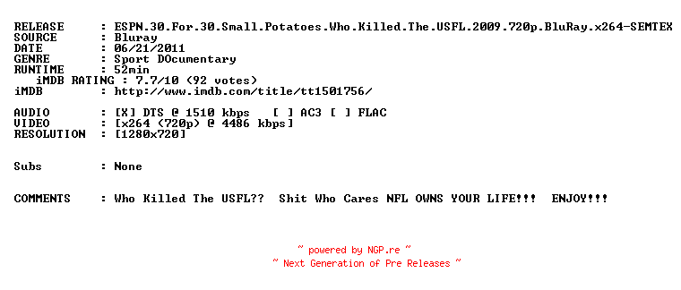 NFO for the release ESPN.30.For.30.Small.Potatoes.Who.Killed.The.USFL.2009.720p.BluRay.x264-SEMTEX by SEMTEX