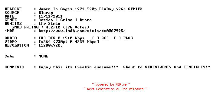 NFO for the release Women.In.Cages.1971.720p.BluRay.x264-SEMTEX by SEMTEX