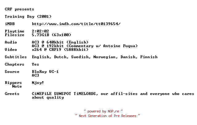 NFO for the release Training.Day.2001.720p.BluRay.x264.iNTERNAL-CRF by CRF