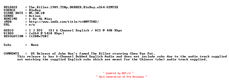 NFO for the release The.Killer.1989.720p.DUBBED.BluRay.x264-SEMTEX by SEMTEX