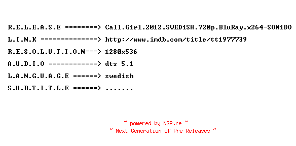 NFO for the release Call.Girl.2012.SWEDiSH.720p.BluRay.x264-SONiDO by SONiDO