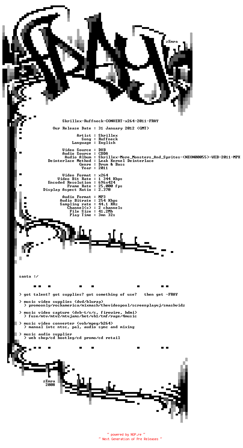NFO for the release Skrillex-Ruffneck-CONVERT-x264-2011-FRAY by FRAY