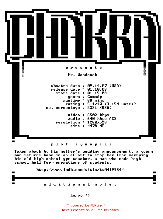 NFO for the release Mr.Woodcock.720p.Bluray.x264-Chakra by Chakra