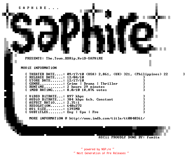 NFO for the release The.Town.EXTENDED.BDRip.XviD-SAPHiRE by SAPHiRE