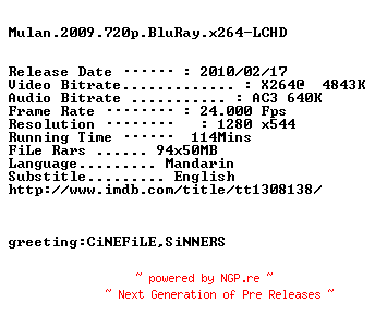 NFO for the release Mulan.2009.720p.BluRay.x264-LCHD by LCHD