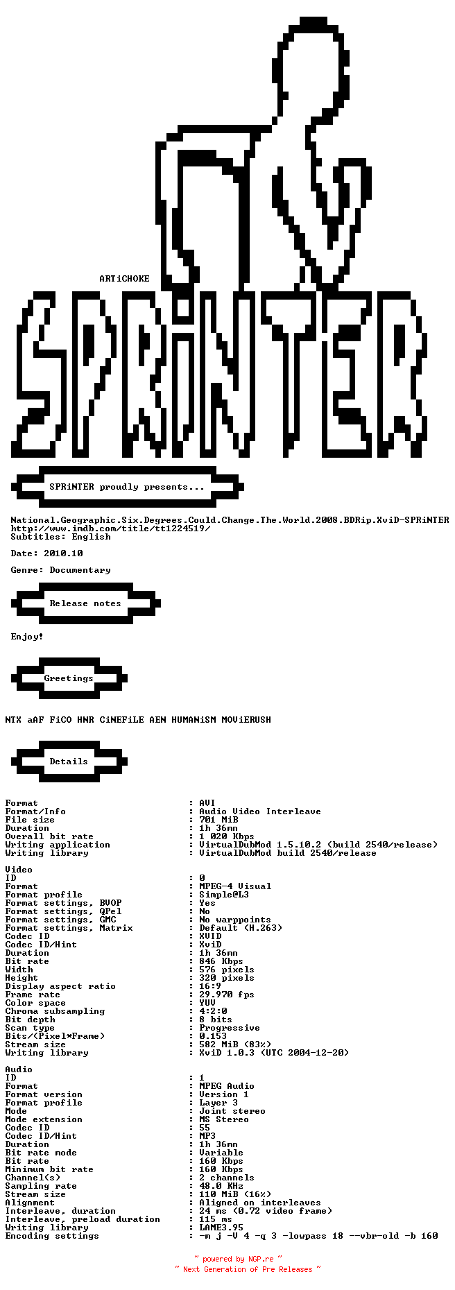 NFO for the release National.Geographic.Six.Degrees.Could.Change.The.World.2008.BDRip.XviD-SPRiNTER by SPRiNTER