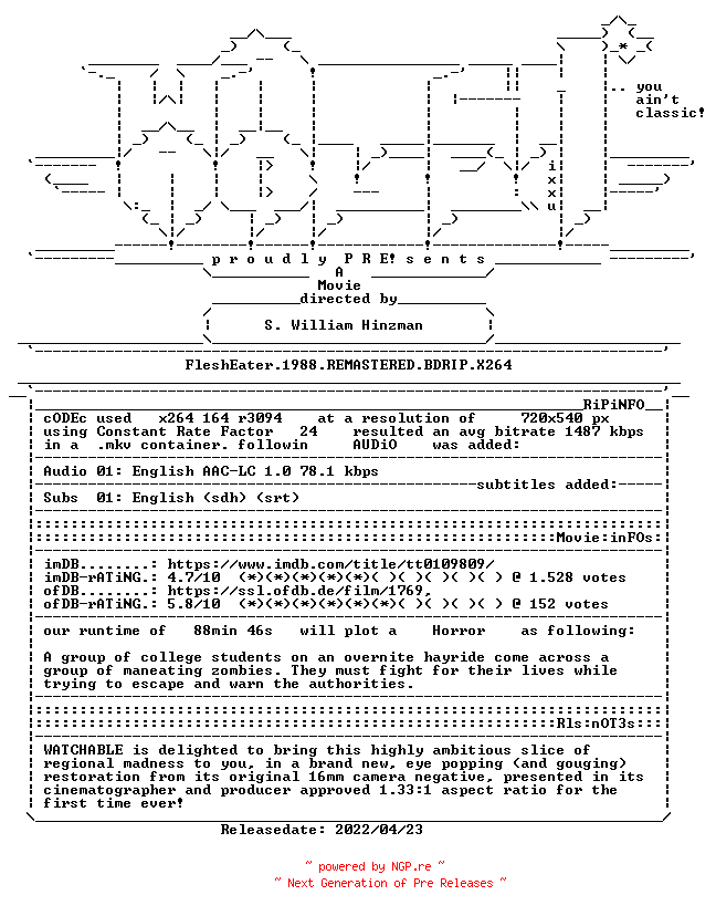 NFO for the release FleshEater.1988.REMASTERED.BDRIP.X264-WATCHABLE by WATCHABLE
