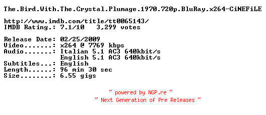 NFO for the release The.Bird.With.The.Crystal.Plumage.1970.720p.BluRay.x264-CiNEFiLE by CiNEFiLE