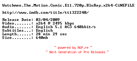 NFO for the release Watchmen.The.Motion.Comic.E11.720p.BluRay.x264-CiNEFiLE by CiNEFiLE