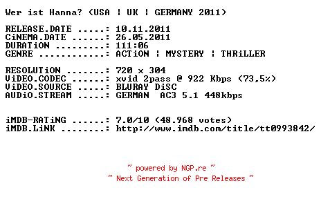 NFO for the release Wer.ist.Hanna.German.2011.AC3.BDRiP.XviD-PRiViLEGED by PRiViLEGED