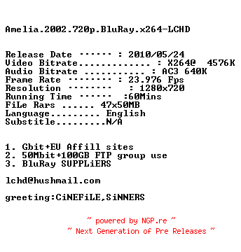NFO for the release Amelia.2002.720p.BluRay.x264-LCHD by LCHD