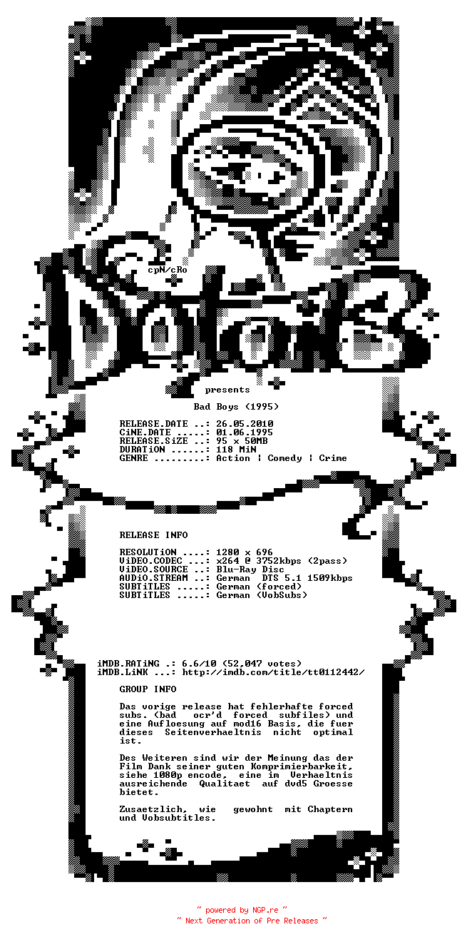 NFO for the release Bad.Boys.1995.German.720p.BluRay.x264.PROPER-DETAiLS by DETAiLS