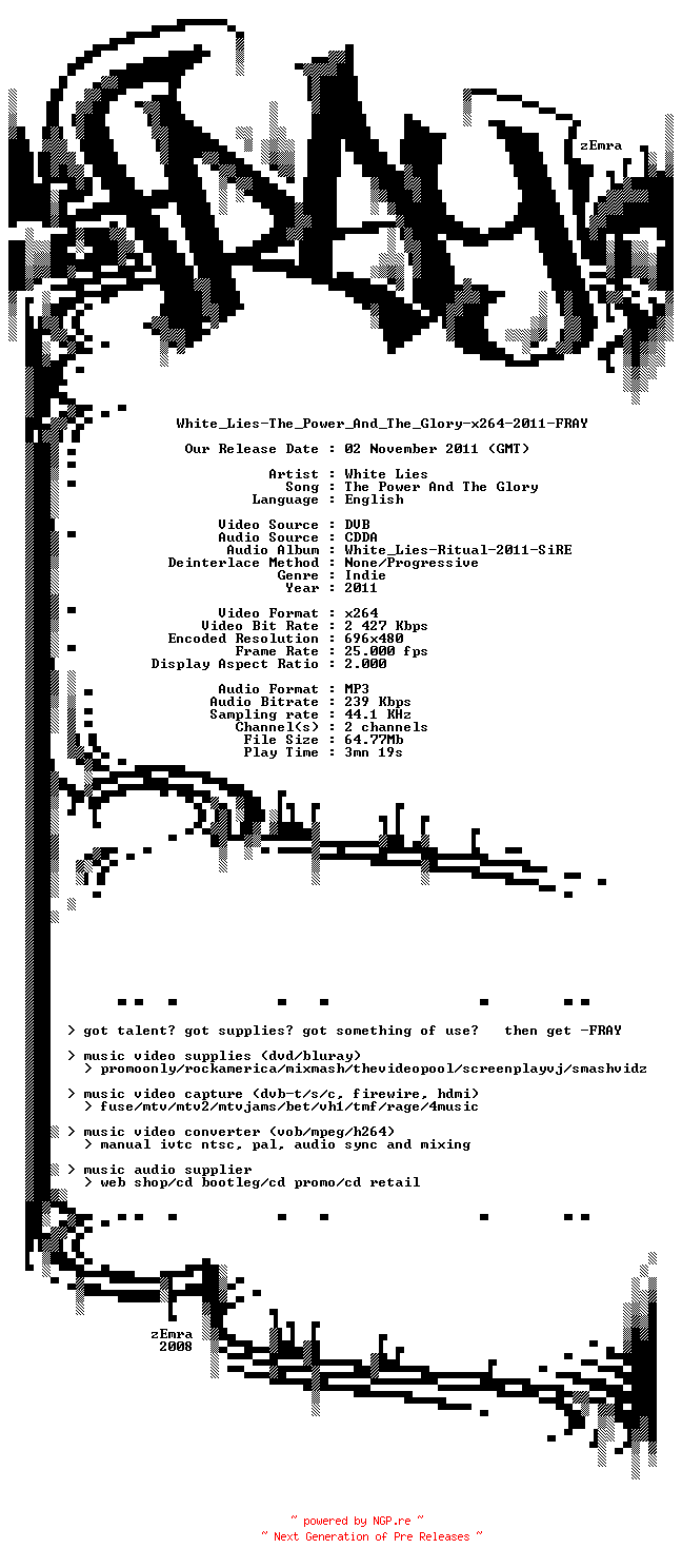 NFO for the release White_Lies-The_Power_And_The_Glory-x264-2011-FRAY by FRAY