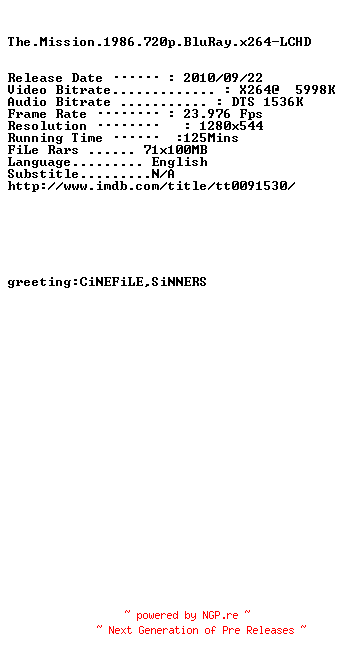NFO for the release The.Mission.1986.720p.BluRay.x264-LCHD by LCHD