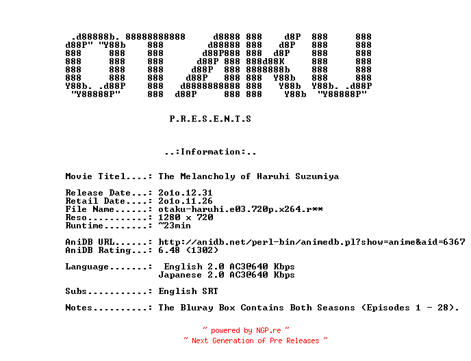 NFO for the release The.Melancholy.of.Haruhi.Suzumiya.E03.The.Melancholy.of.Suzumiya.Haruhi.III.720p.BluRay.x264-OTAKU by OTAKU