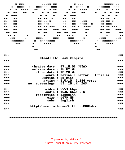 NFO for the release Blood.The.Last.Vampire.720p.Bluray.x264-CBGB by CBGB