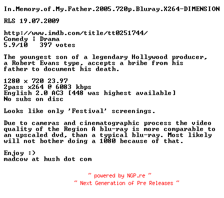 NFO for the release In.Memory.of.My.Father.2005.720p.Bluray.X264-DIMENSION by DIMENSION