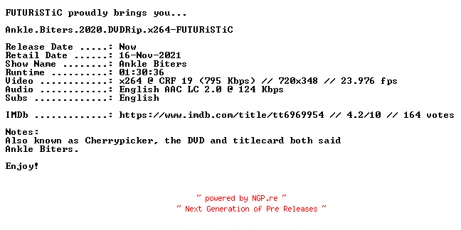 NFO for the release Ankle.Biters.2020.DVDRip.x264-FUTURiSTiC by FUTURiSTiC