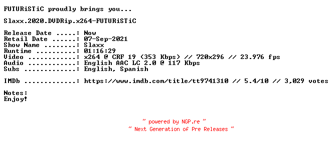 NFO for the release Slaxx.2020.DVDRip.x264-FUTURiSTiC by FUTURiSTiC