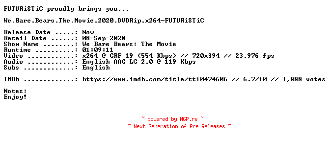 NFO for the release We.Bare.Bears.The.Movie.2020.DVDRip.x264-FUTURiSTiC by FUTURiSTiC