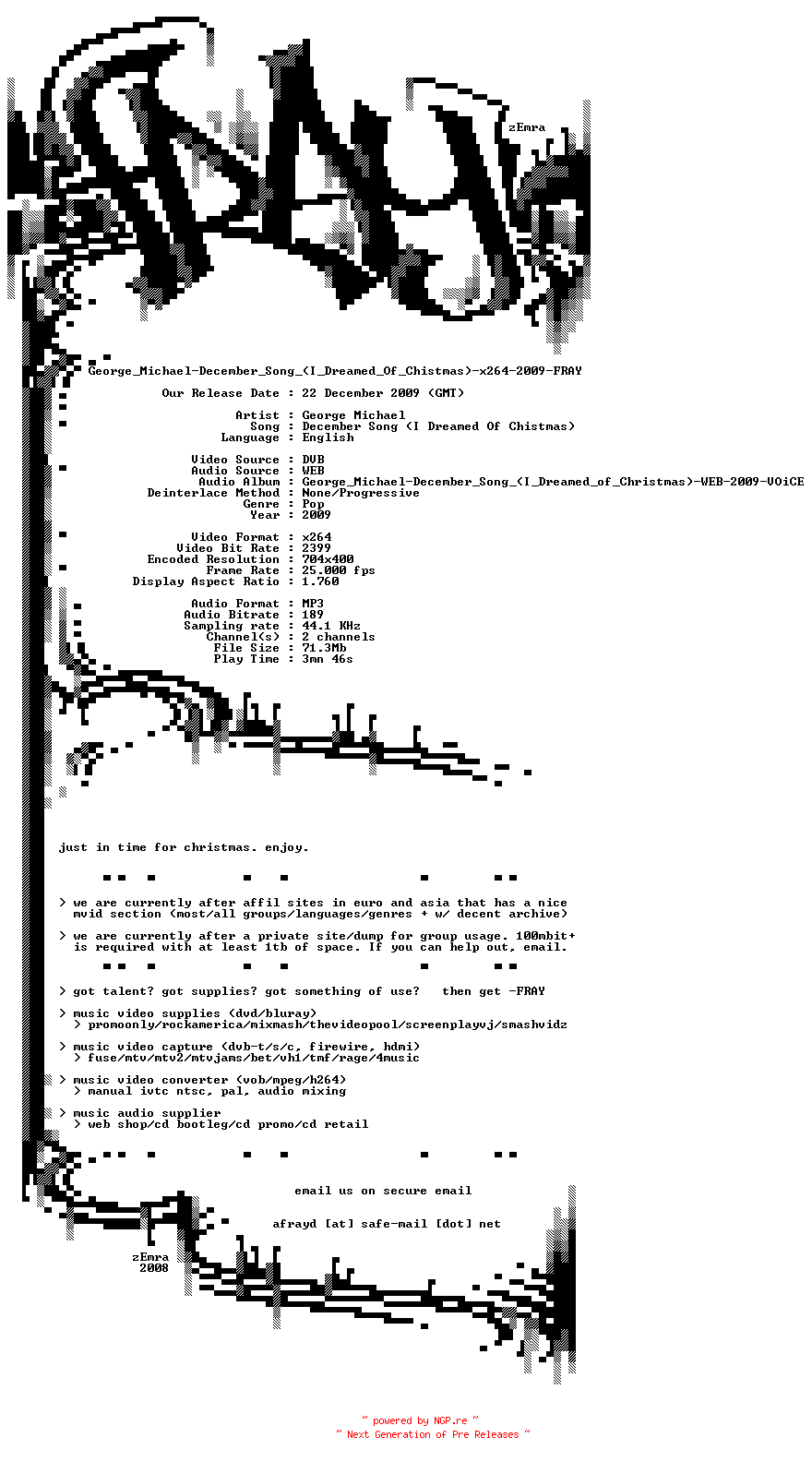 NFO for the release George_Michael-December_Song_(I_Dreamed_Of_Chistmas)-x264-2009-FRAY by FRAY