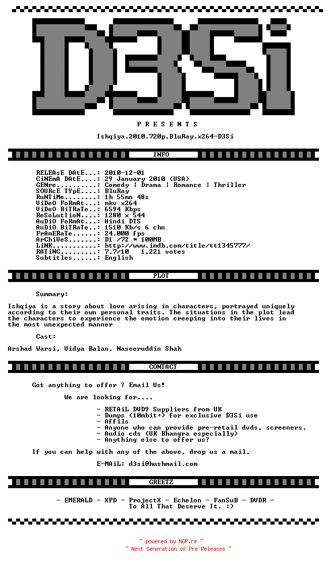 NFO for the release Ishqiya.2010.720p.BluRay.x264-D3Si by D3Si