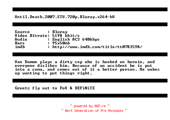 NFO for the release Until.Death.2007.STV.720p.Bluray.x264-hV by hV