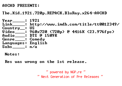 NFO for the release The.Kid.1921.720p.REPACK.BluRay.x264-AVCHD by AVCHD
