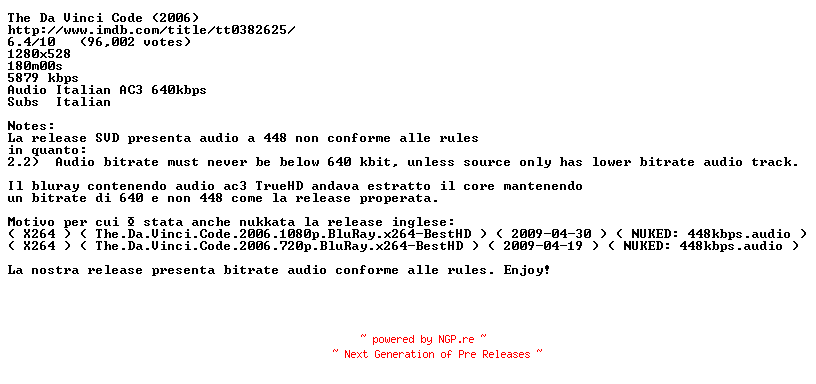 NFO for the release Il.Codice.Da.Vinci.Extended.Cut.2006.iTALiAN.PROPER.720p.BluRay.x264-Rebels by Rebels