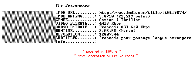 NFO for the release The.Peacemaker.1997.FRENCH.720p.BluRay.x264-THENiGHTMAREiNHD by THENiGHTMAREiNHD