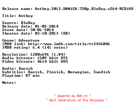 NFO for the release Antboy.2013.DANiSH.720p.BluRay.x264-RCDiVX by RCDiVX