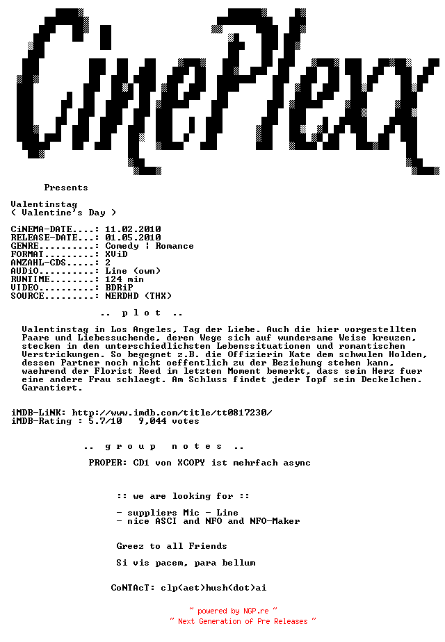 NFO for the release Valentinstag.BDRiP.Line.Dubbed.German.PROPER.XviD-CinePlexx by CinePlexx