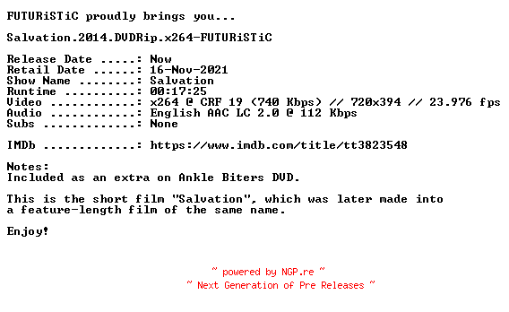 NFO for the release Salvation.2014.DVDRip.x264-FUTURiSTiC by FUTURiSTiC