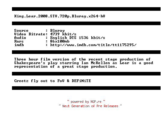 NFO for the release King.Lear.2008.STV.720p.Bluray.x264-hV by hV