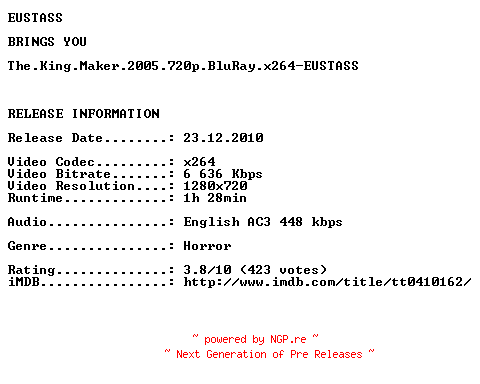 NFO for the release The.King.Maker.2005.720p.BluRay.x264-EUSTASS by EUSTASS