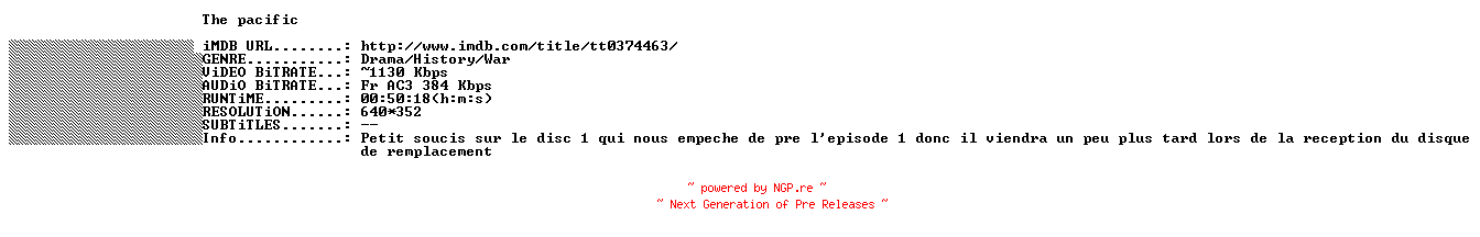 NFO for the release The.Pacific.E03.FRENCH.BDRiP.XViD-THENiGHTMARE by THENiGHTMARE