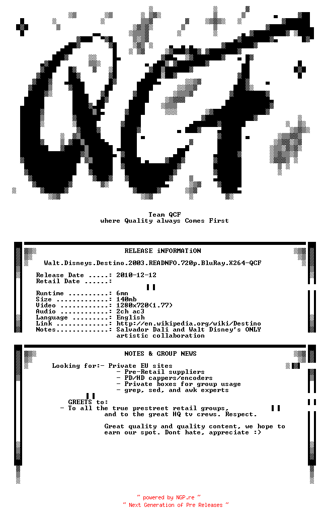 NFO for the release Walt.Disneys.Destino.2003.READNFO.720p.BluRay.X264-QCF by QCF
