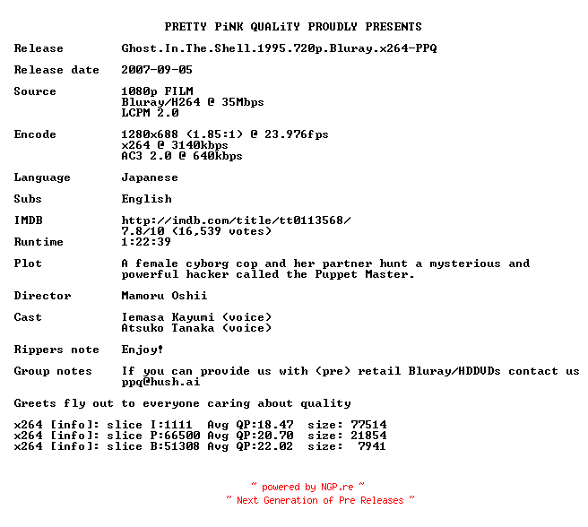 NFO for the release Ghost.In.The.Shell.1995.720p.Bluray.x264-PPQ by PPQ