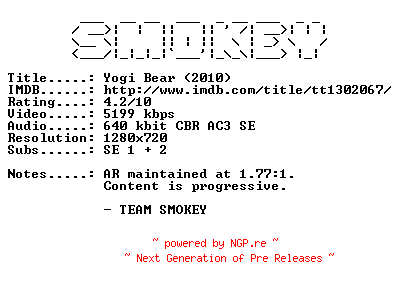 NFO for the release Yogi.Bear.2010.SWEDISH.720p.Bluray.x264-SMOKEY by SMOKEY